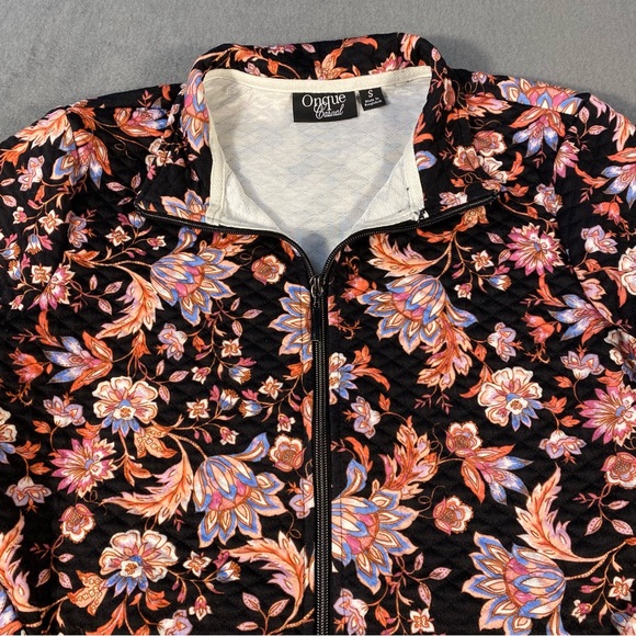 Onque Casual Women’s Black Floral Jacket, Zip front, long sleeves, pockets,sizes - Picture 2 of 9